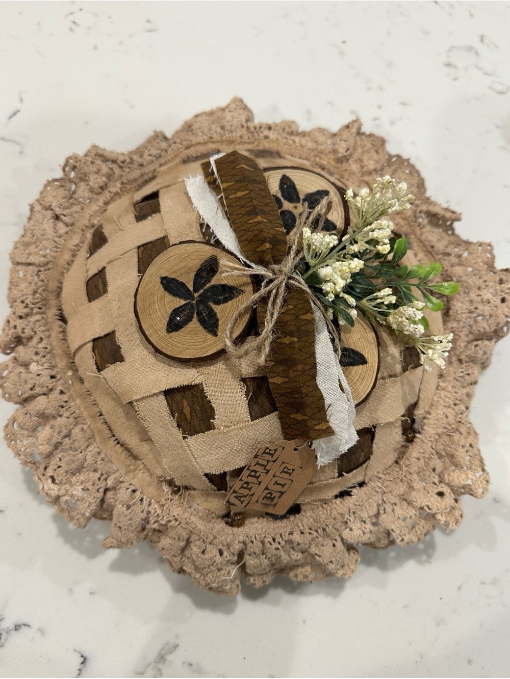 Primitive Faux Apple Pie Farmhouse Decor – Rustic Fabric Lattice & Lace